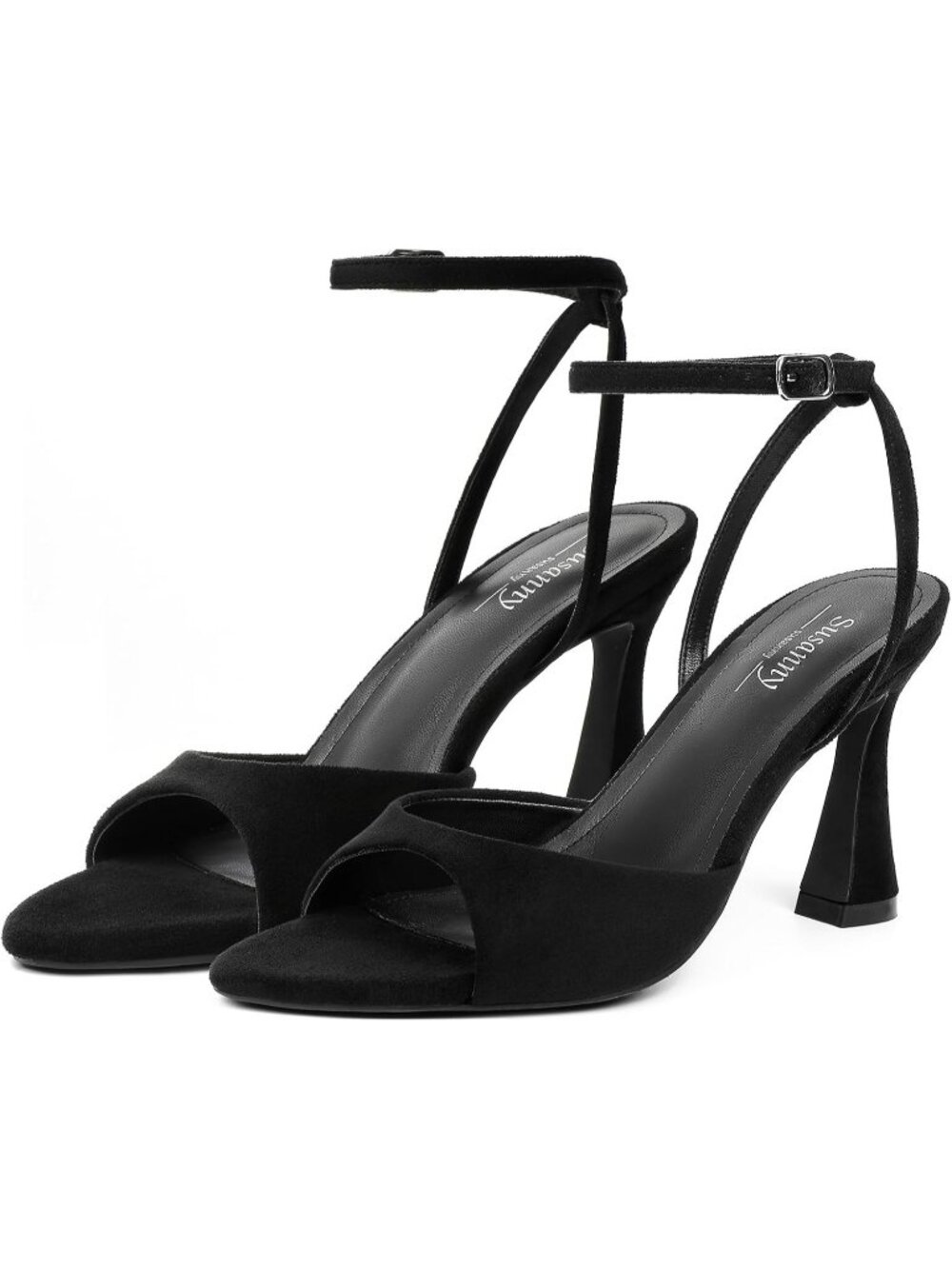 Women's All Black Suede Pointed Open Toe Strappy Chunky Block High Heels Shoes